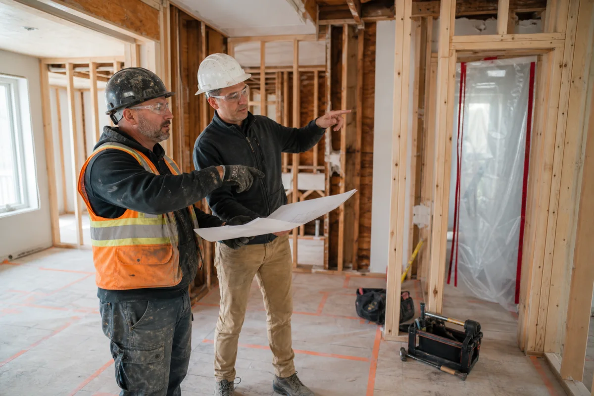 Demolition lead and renovation contractor reviewing a clean interior handoff