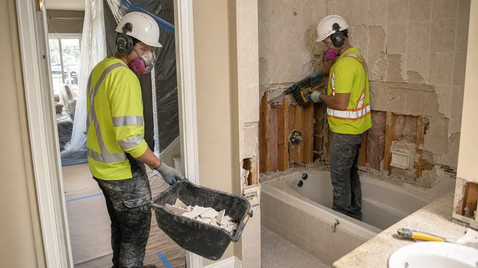 Crew removing tile during a bathroom demolition