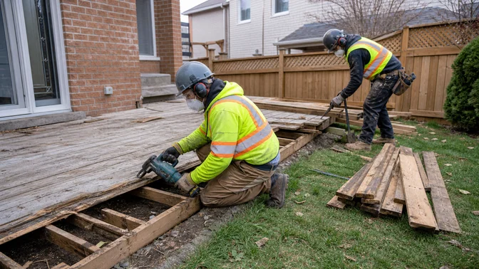 Crew dismantling a weathered backyard deck