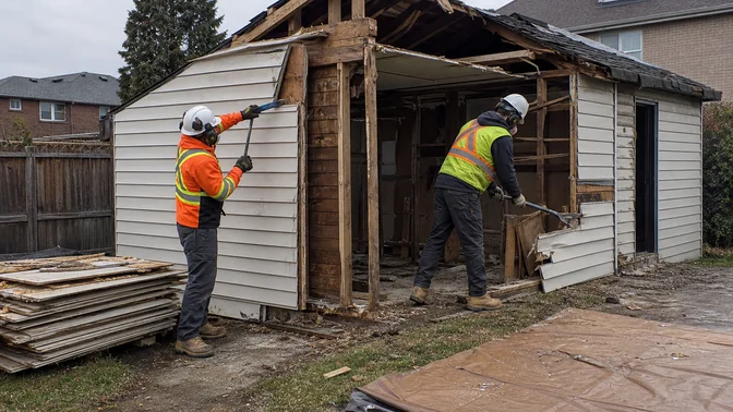 Crew dismantling a detached wood-frame garage