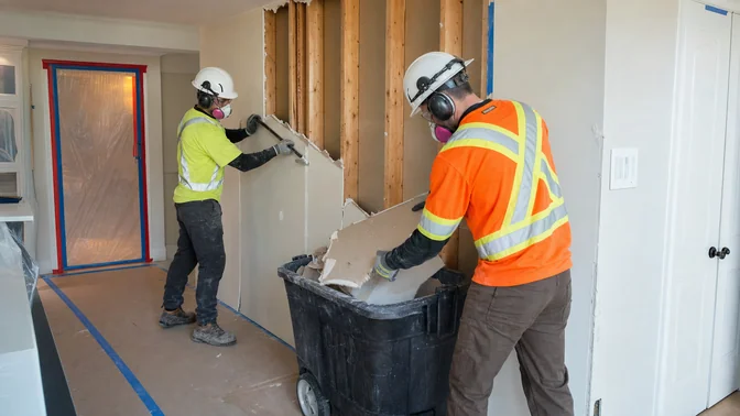 Crew removing drywall during a selective interior demolition